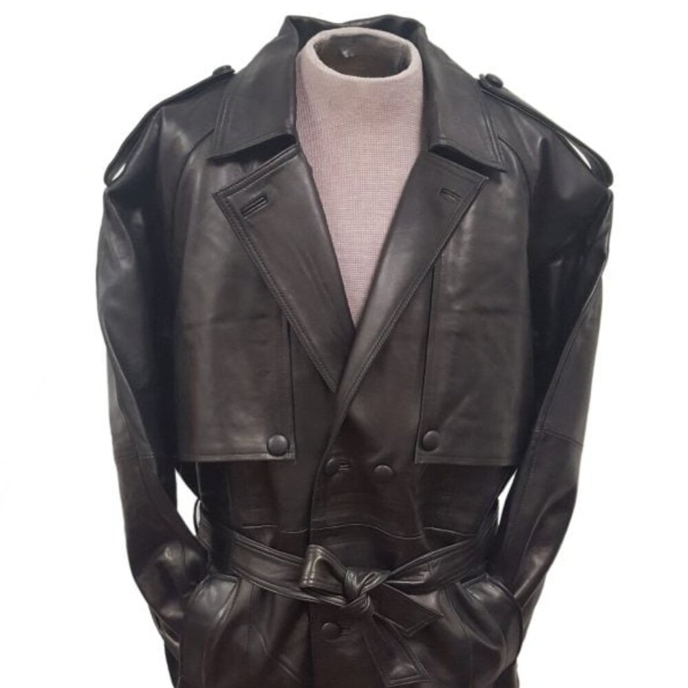Men’s Heavy Duty Double Breasted Premium Leather Black Trench Coat Big